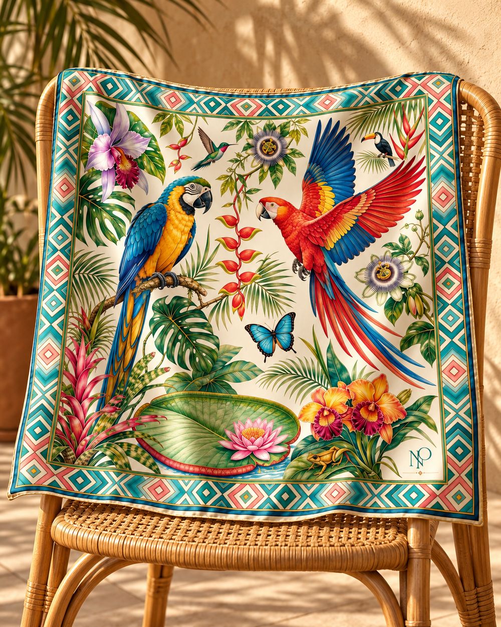 Canopy scarf draped over a rattan chair