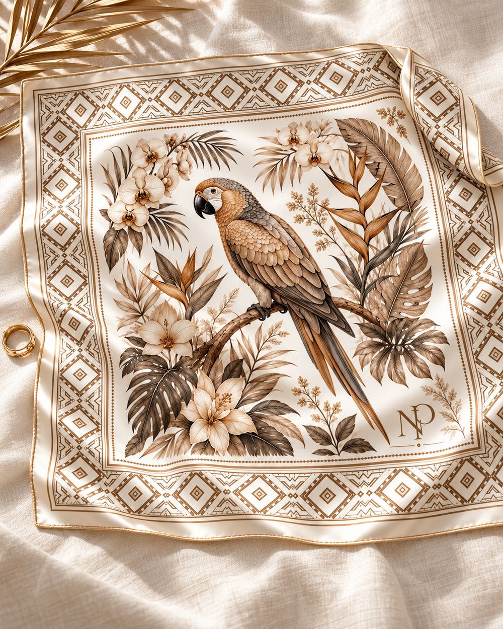 Heritage scarf open on cream linen