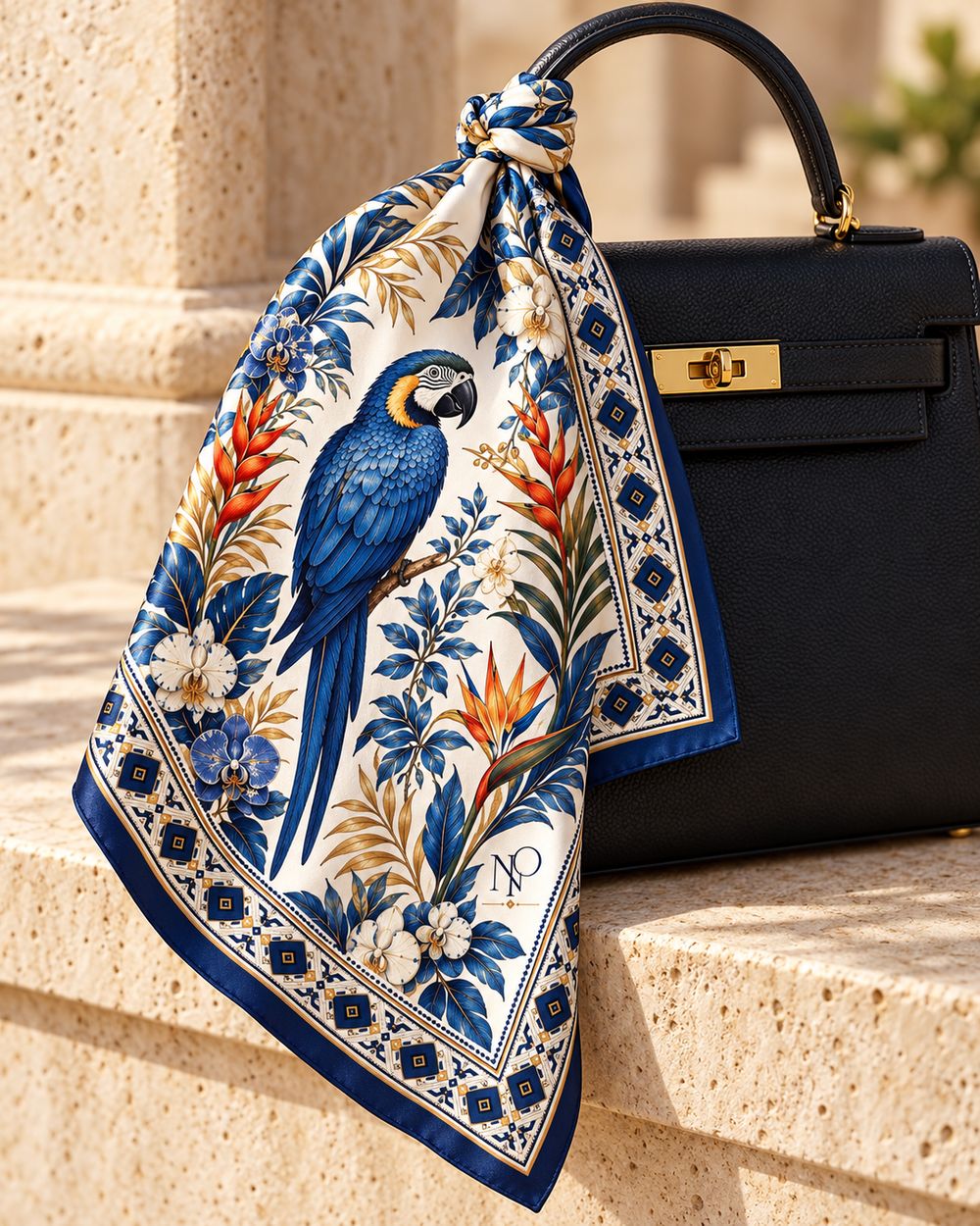 Hyacinth scarf knotted on the handle of a black handbag