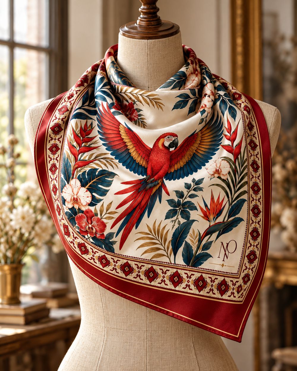 Scarlet scarf on a tailor’s dress form